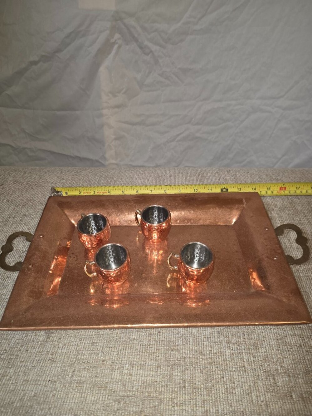 Home Essentials - hammered copper serving tray and 4 cups